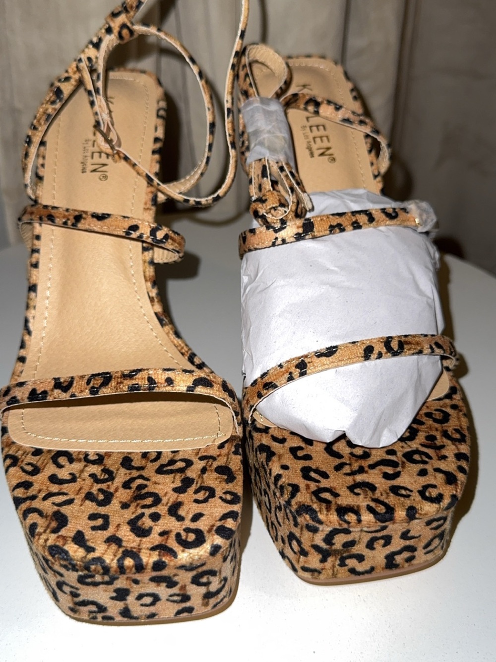 Kayleen by Los Angeles Myra, leopard Print Platform Sandals in Tan